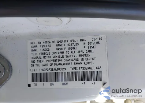 2010 Honda Accord 2.4 Lx z USA, uszkodzony, nr VIN 1HGCP2F39AA103324